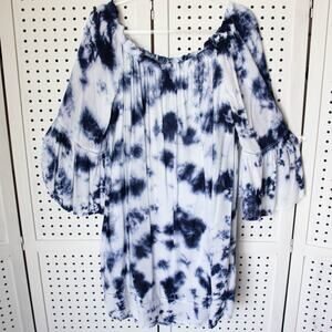Knox Rose Womens SIZE XXL Blue White Tie Dye Long Sleeve Off the Shoulder Dress